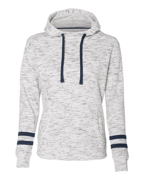 J. America 8674 Women’s Mélange Fleece Striped-Sleeve Hooded Sweatshirt