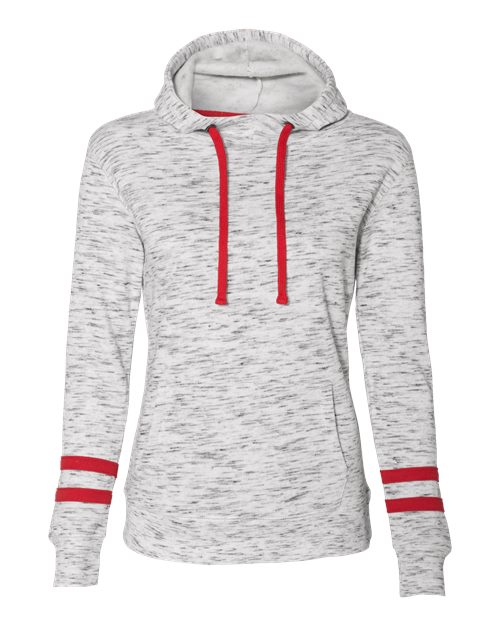 J. America 8674 Women’s Mélange Fleece Striped-Sleeve Hooded Sweatshirt