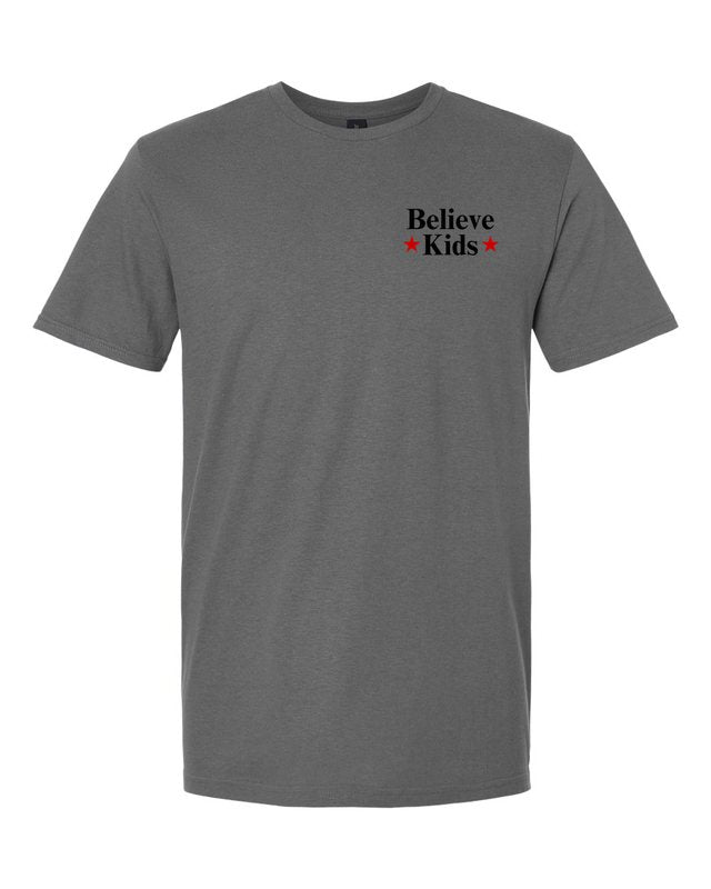 Break The Silence · Believe Kids Tee — Charcoal — front pocket mark