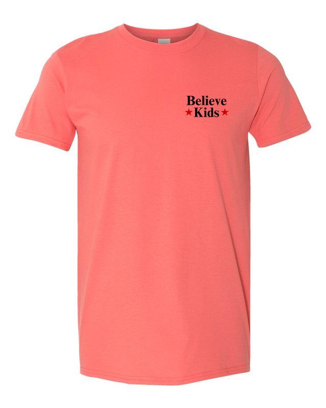 Break The Silence · Believe Kids Tee — Coral Silk — front pocket mark