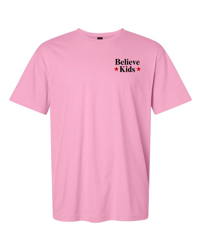 Break The Silence · Believe Kids Tee — Fan Candy Pink — front pocket mark