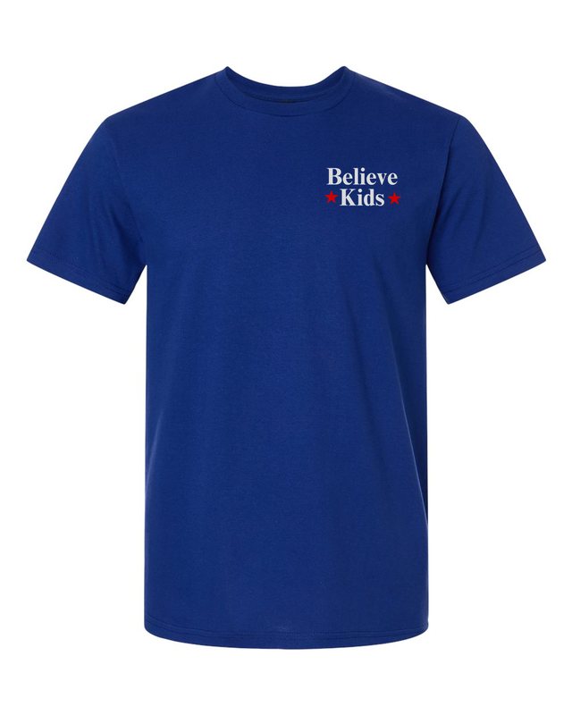 Break The Silence · Believe Kids Tee — Fan Deep Royal — front pocket mark