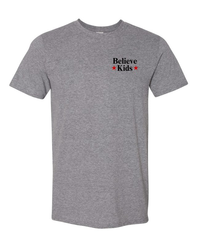 Break The Silence · Believe Kids Tee — Graphite Heather — front pocket mark