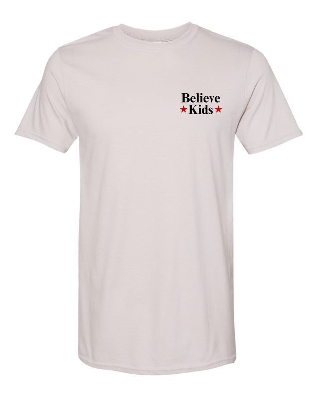 Break The Silence · Believe Kids Tee — Ice Grey — front pocket mark