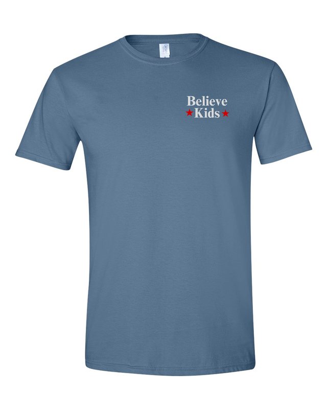 Break The Silence · Believe Kids Tee — Indigo Blue — front pocket mark