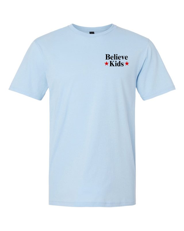 Break The Silence · Believe Kids Tee — Light Blue — front pocket mark