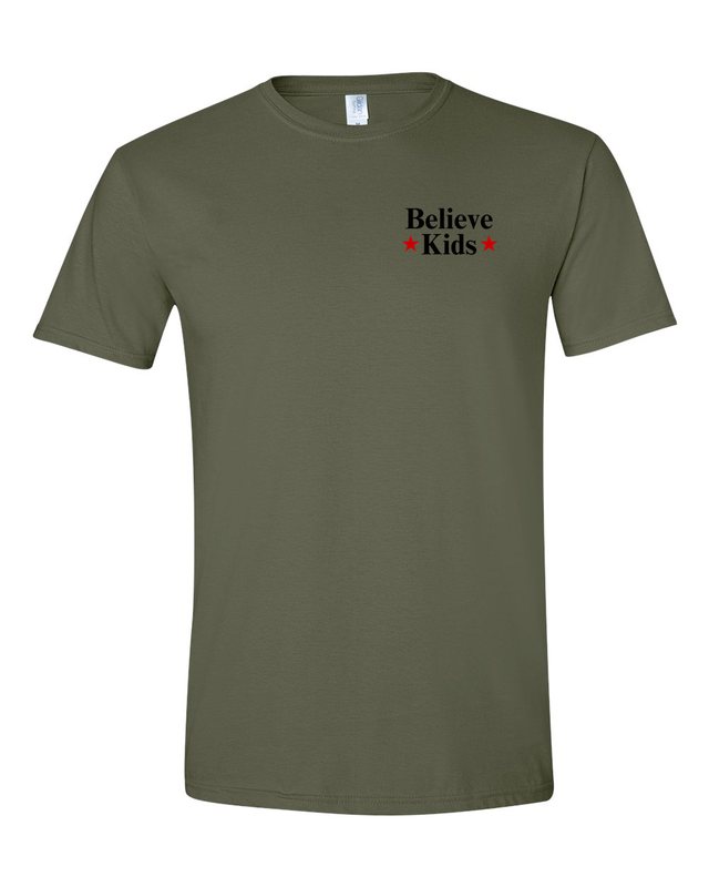 Break The Silence · Believe Kids Tee — Military Green — front pocket mark