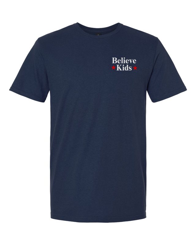 Break The Silence · Believe Kids Tee — Navy — front pocket mark