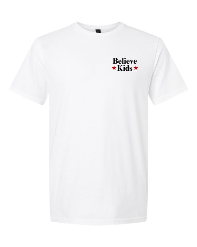 Break The Silence · Believe Kids Tee — White — front pocket mark