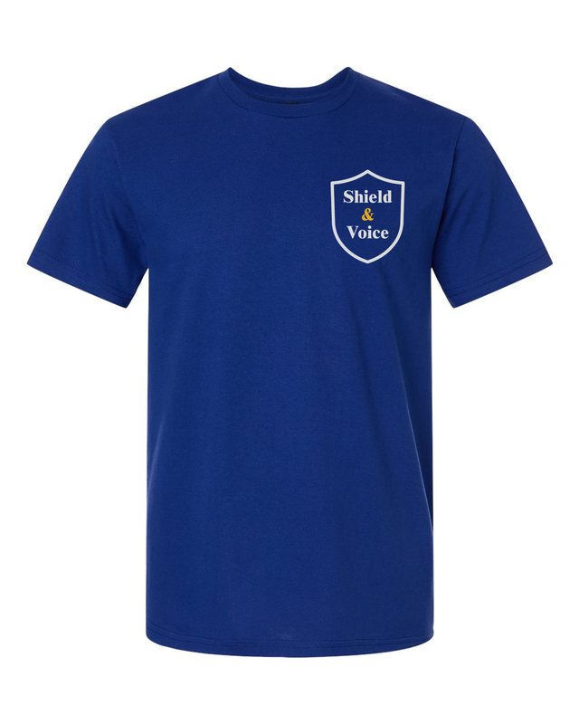 Childhood Is Not a Crime Scene Tee — Fan Deep Royal — front pocket mark