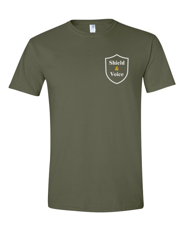 Childhood Is Not a Crime Scene Tee — Military Green — front pocket mark