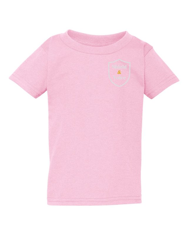 Childhood Is Not a Crime Scene Tee — Toddler Light Pink — front pocket mark