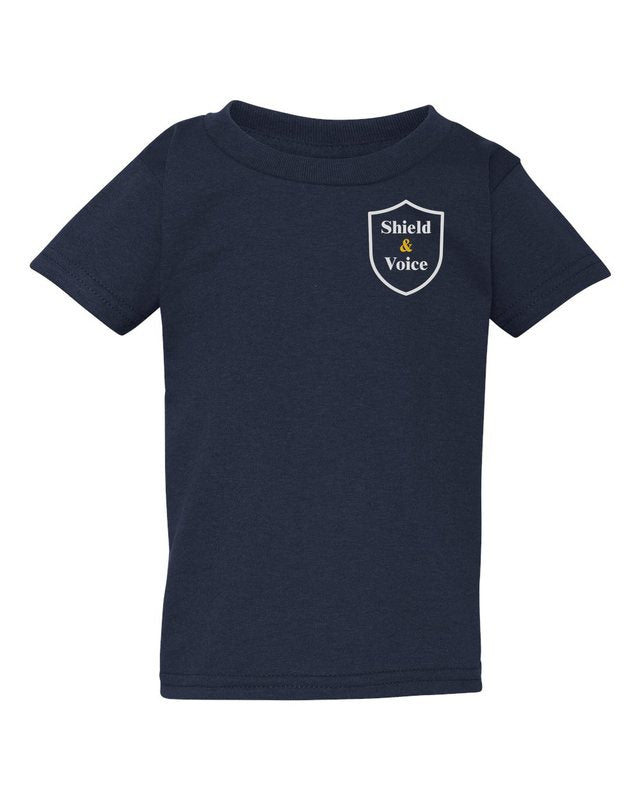 Childhood Is Not a Crime Scene Tee — Toddler Navy — front pocket mark