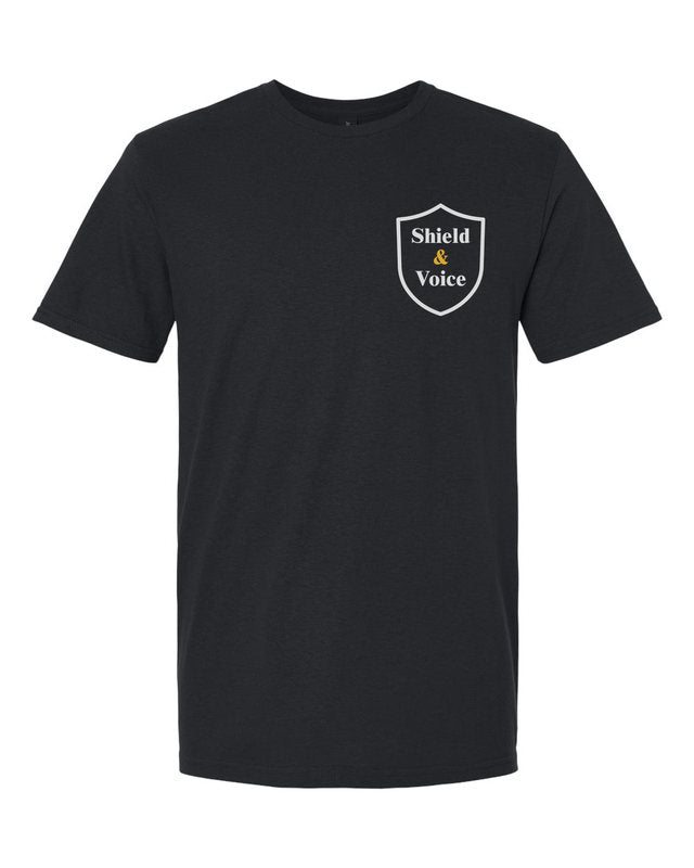 The Smallest Voices Tee — Cream & Blue — Black — front pocket mark