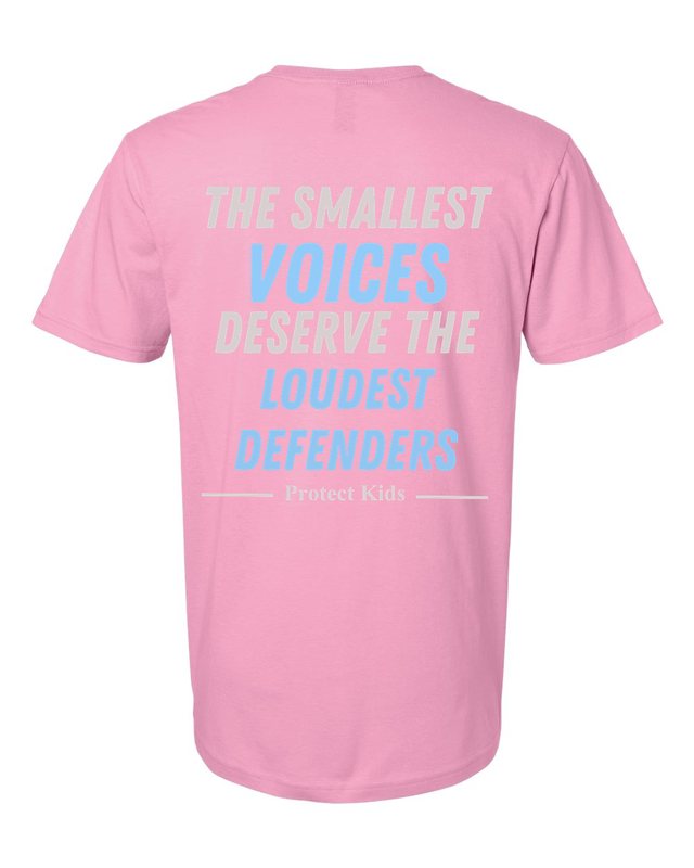 The Smallest Voices Tee — Cream & Blue — Fan Candy Pink