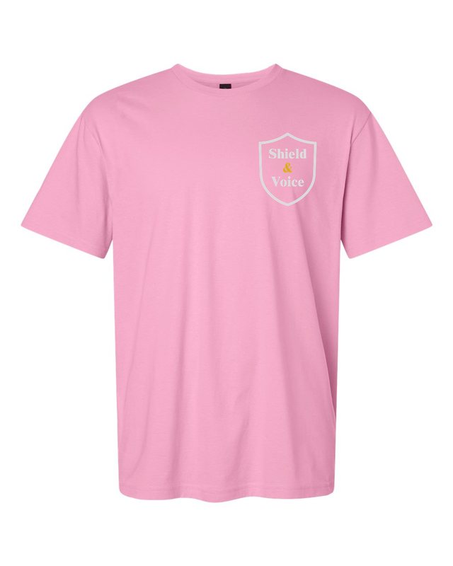 The Smallest Voices Tee — Cream & Blue — Fan Candy Pink — front pocket mark