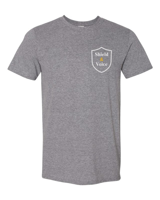 The Smallest Voices Tee — Cream & Blue — Graphite Heather — front pocket mark