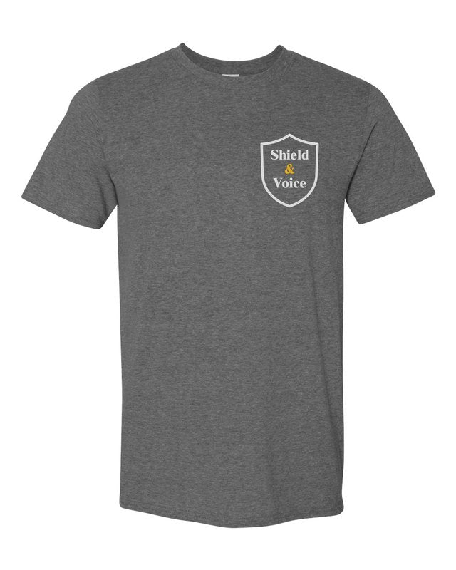 The Smallest Voices Tee — Cream & Blue — Heather Dark Grey — front pocket mark