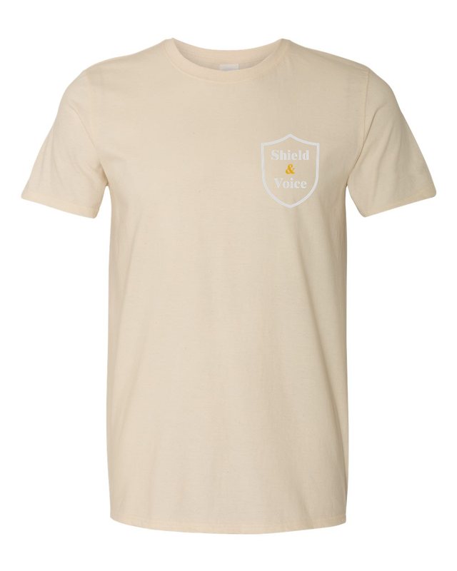 The Smallest Voices Tee — Cream & Blue — Natural — front pocket mark