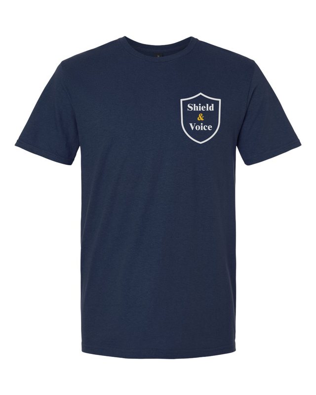 The Smallest Voices Tee — Cream & Blue — Navy — front pocket mark