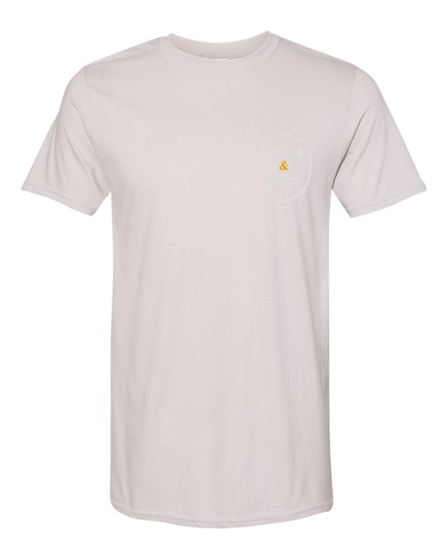 The Smallest Voices Tee — Pink & Blue — Ice Grey — front pocket mark