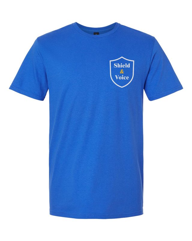 The Smallest Voices Tee — Cream & Blue — Royal — front pocket mark