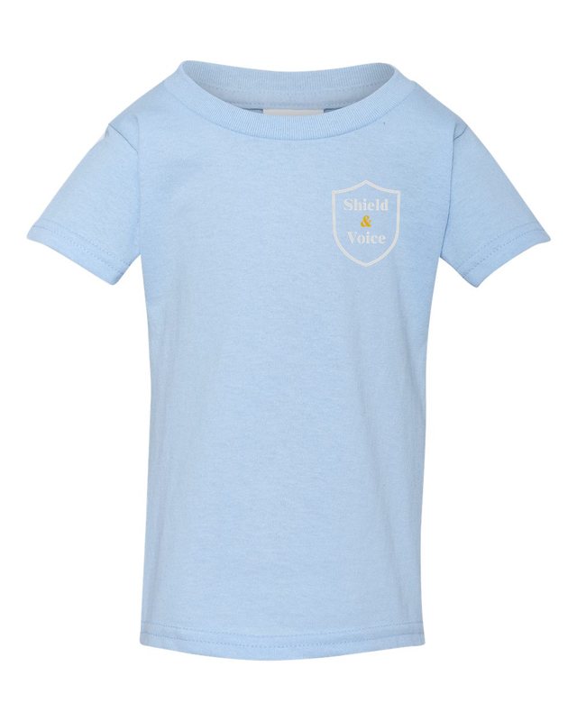 The Smallest Voices Tee — Cream & Blue — Toddler Light Blue — front pocket mark