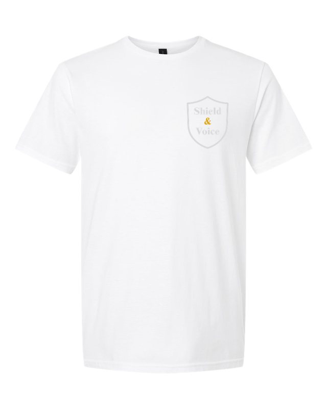 The Smallest Voices Tee — Cream & Blue — White — front pocket mark